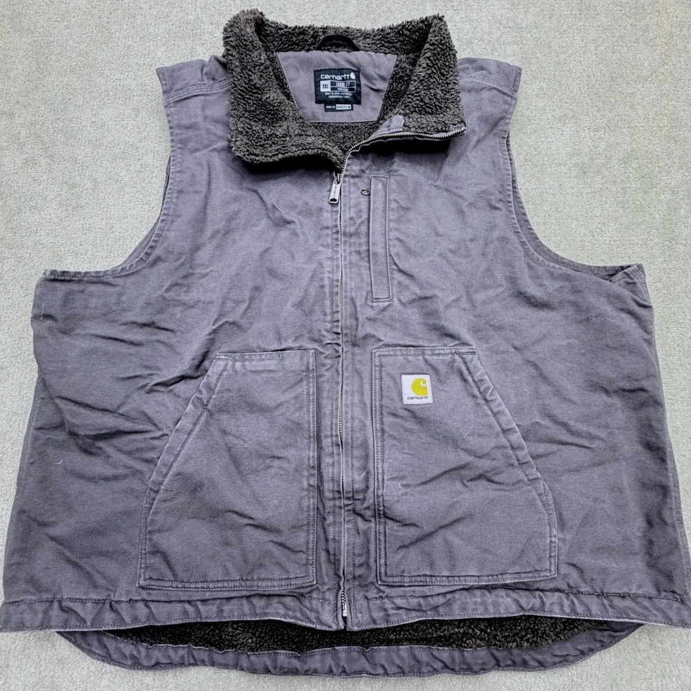 Carhartt Duck Canvas Sherpa Lined Mock Neck Vest Mens 2XL Faded Gray Outerwear